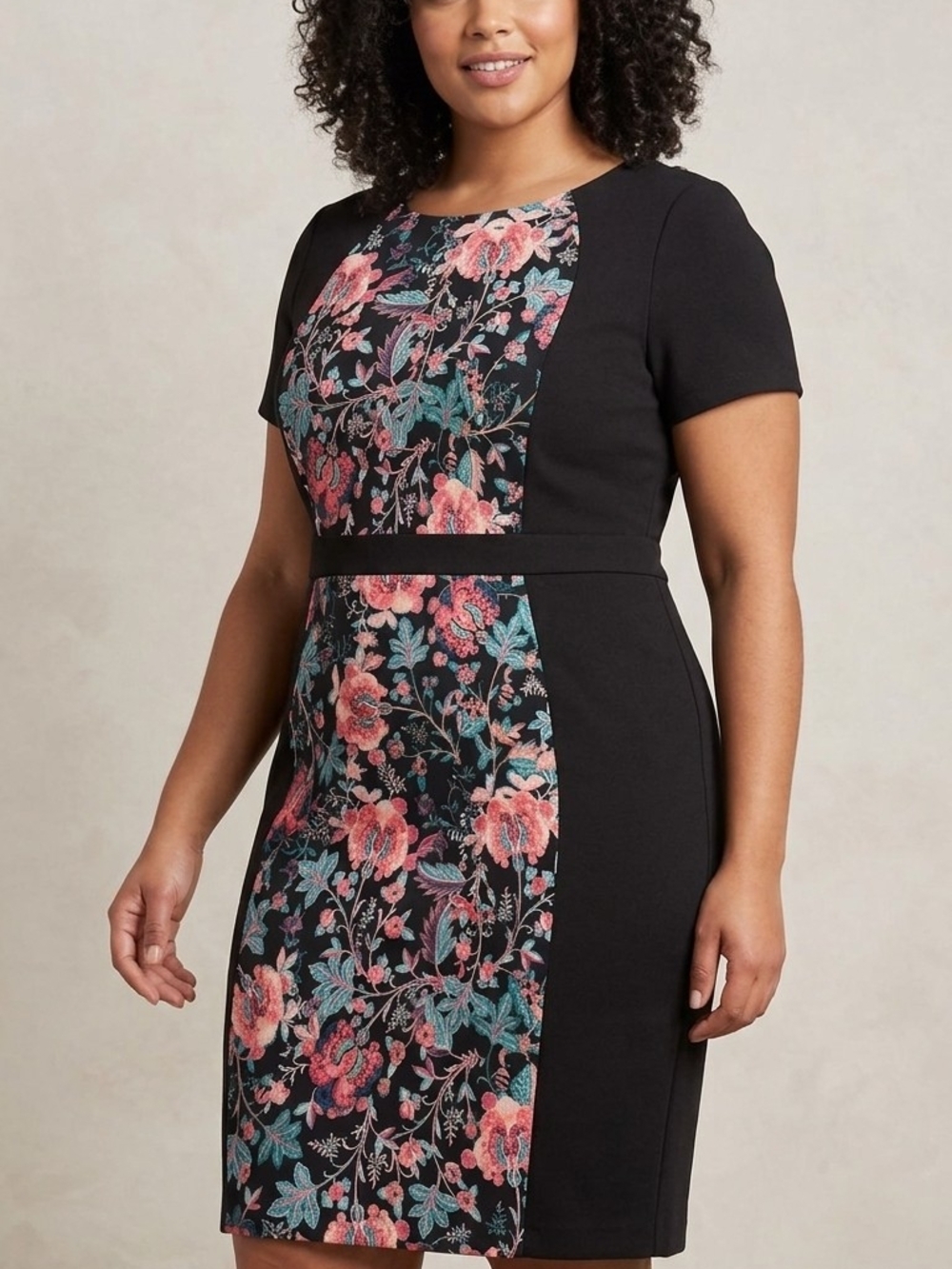 Black Floral Plus Panel Sheath Dress - Pink & Teal Floral